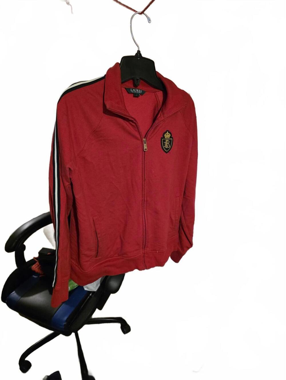 Lauren Ralph Lauren Men's Red Fleece Jacket with Striped Sleeve Detail